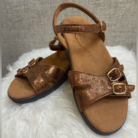 SAS DUO BRONZE METALLIC LEATHER CUSHIONED CASUAL WIDE WIDTH BUCKLE SANDAL SZ 7WW - Picture 1 of 9